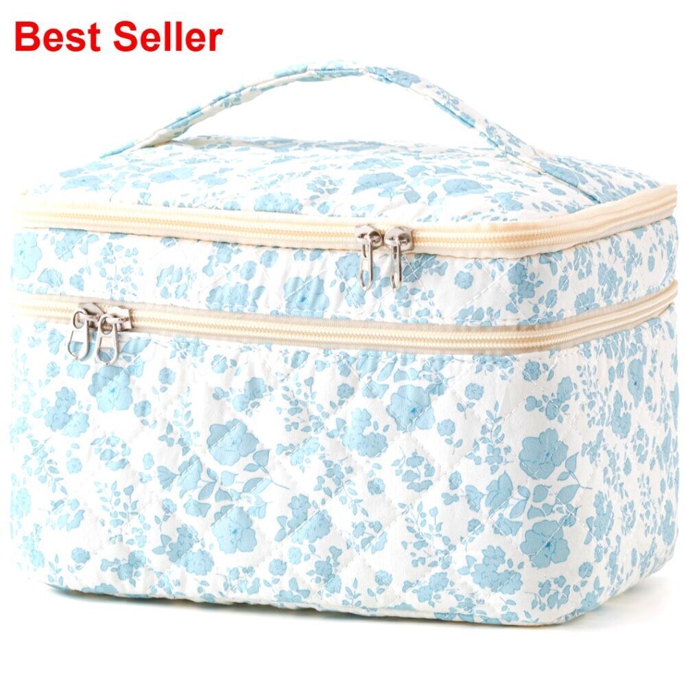 Large Quilted Cotton Makeup Bag with Handle, Travel Cosmetic Organizer - Picture 1 of 6